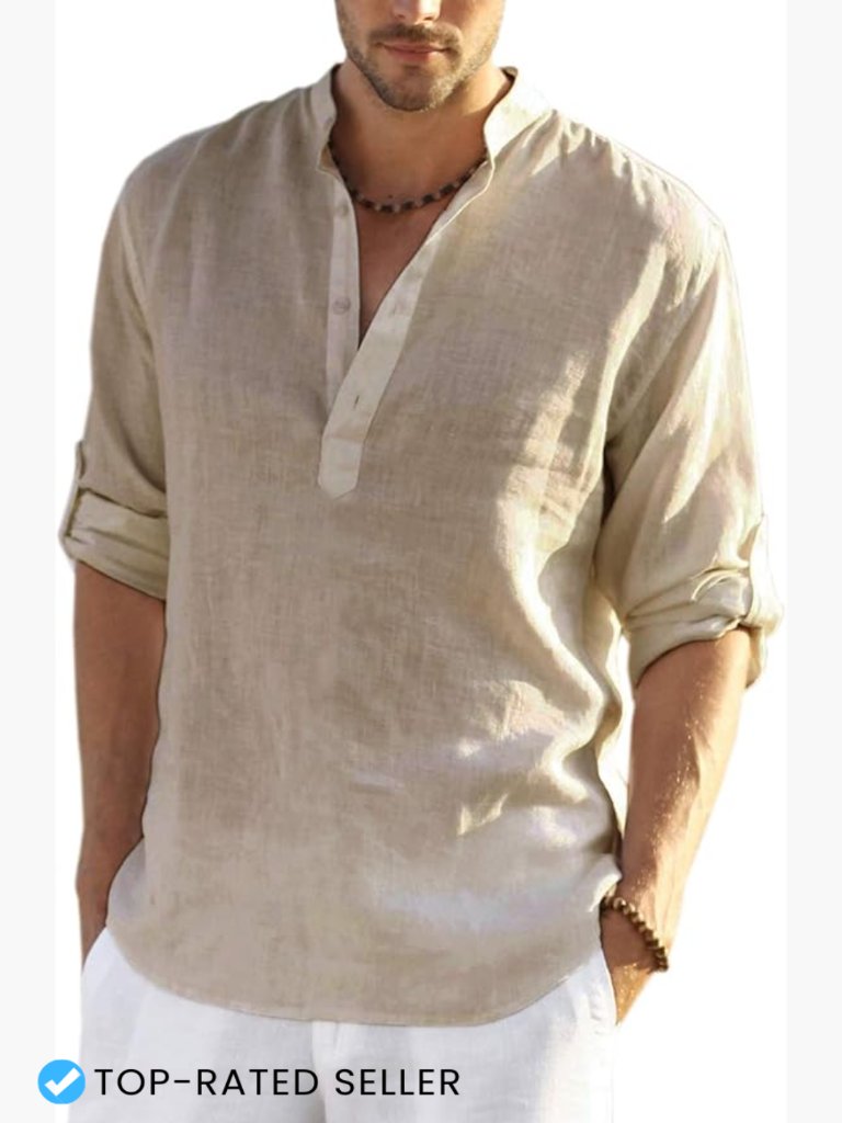 Men's Cotton Linen Henley T-Shirt Long Sleeve Slim Fit Casual Beach